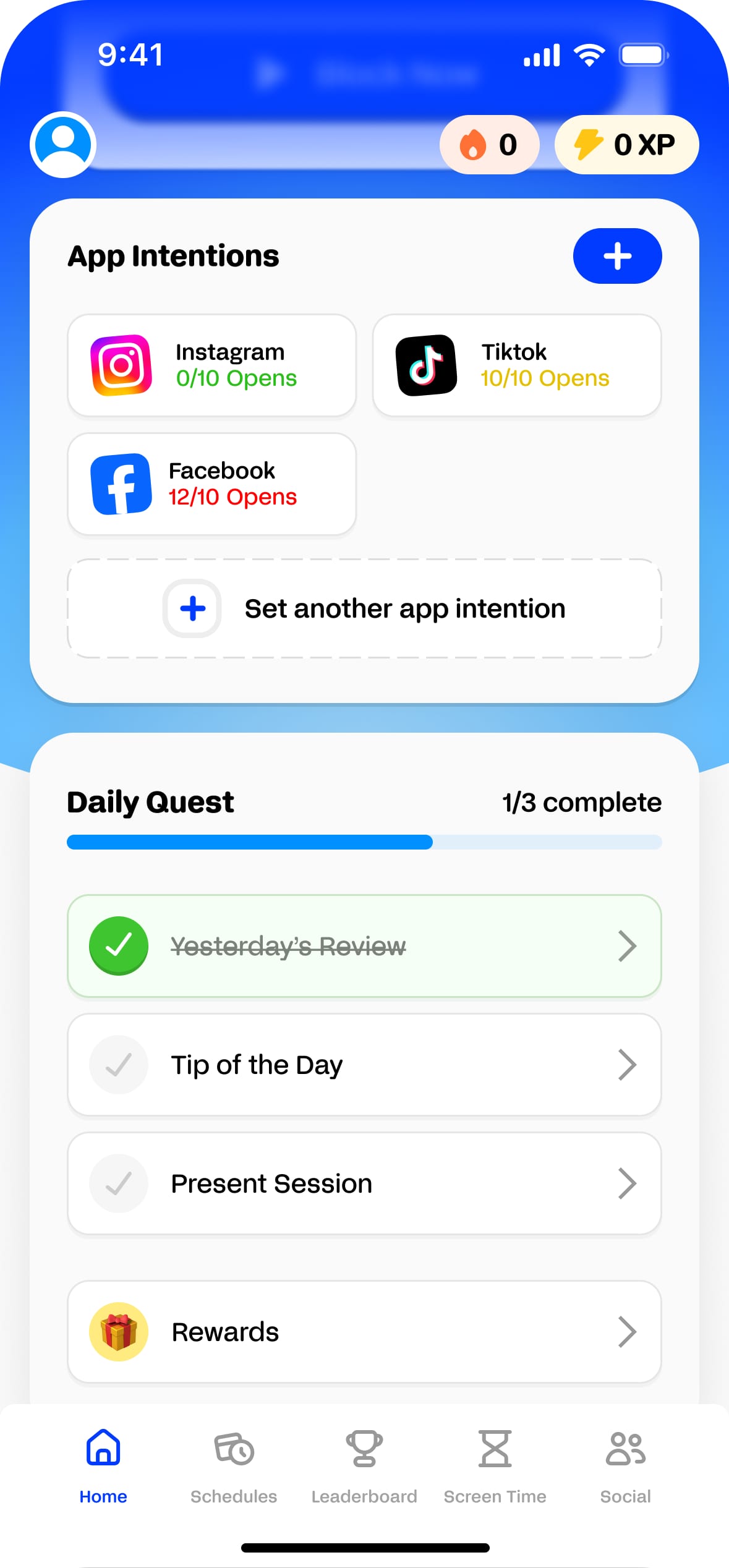 A habit-tracking app screen: app intention limits, a daily quest checklist and a tab bar
